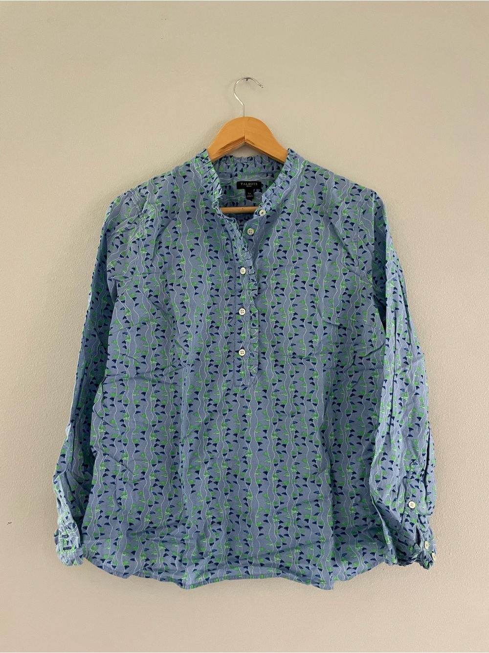 Talbots Blue Printed Mandarin Collar Blouse